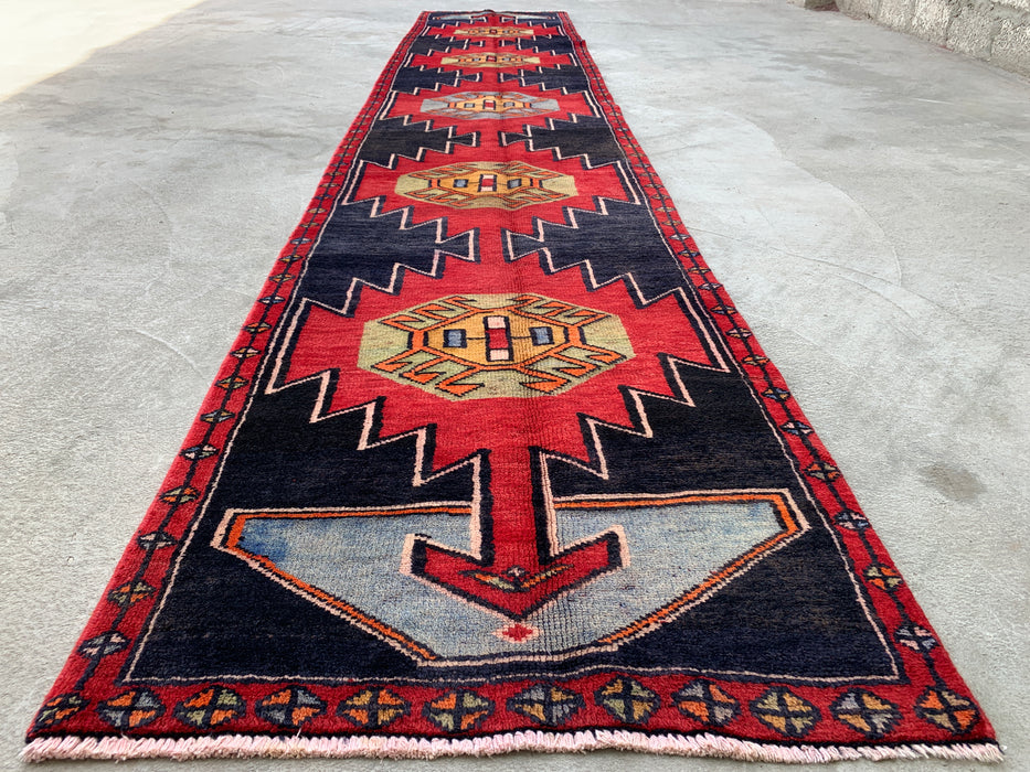 13'0 x 2'8 Hand-Knotted Persian Wool Runner - Navy Geometric Tribal Design with Red Motifs - KBHM-890