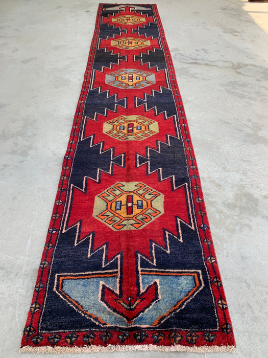 13'0 x 2'8 Hand-Knotted Persian Wool Runner - Navy Geometric Tribal Design with Red Motifs - KBHM-890