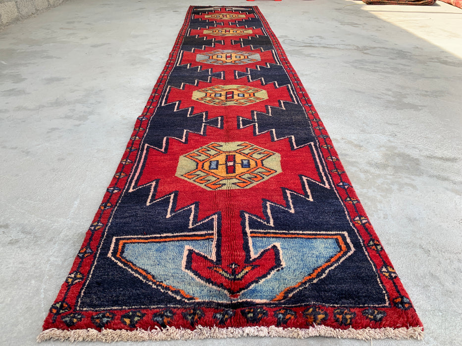 13'0 x 2'8 Hand-Knotted Persian Wool Runner - Navy Geometric Tribal Design with Red Motifs - KBHM-890
