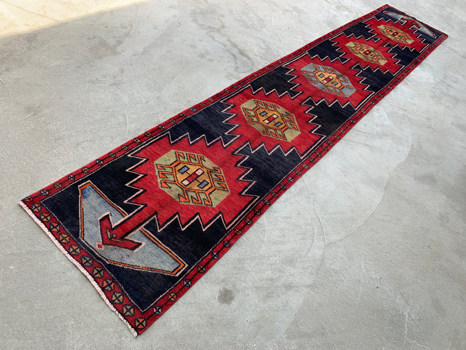 13'0 x 2'8 Hand-Knotted Persian Wool Runner - Navy Geometric Tribal Design with Red Motifs - KBHM-890