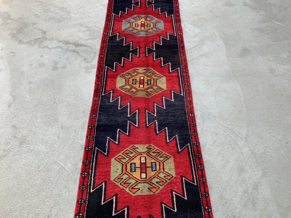 13'0 x 2'8 Hand-Knotted Persian Wool Runner - Navy Geometric Tribal Design with Red Motifs - KBHM-890