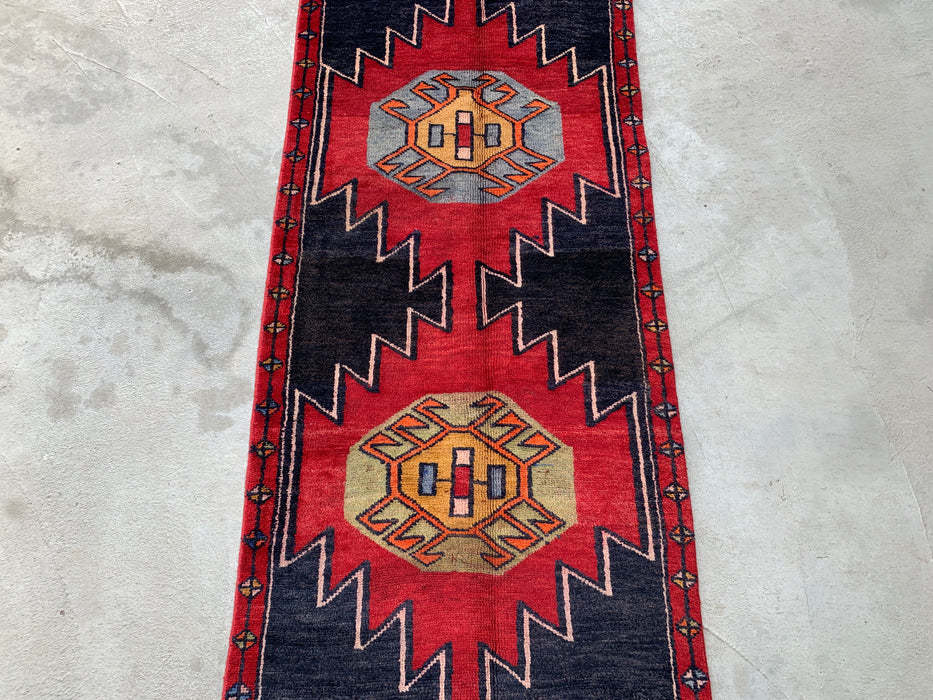 13'0 x 2'8 Hand-Knotted Persian Wool Runner - Navy Geometric Tribal Design with Red Motifs - KBHM-890