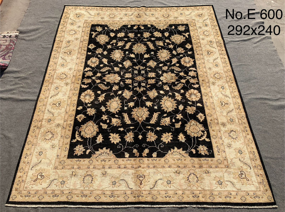 7’10” × 9’7” Hand-Knotted Afghan Ziegler Rug – Black & Beige Floral