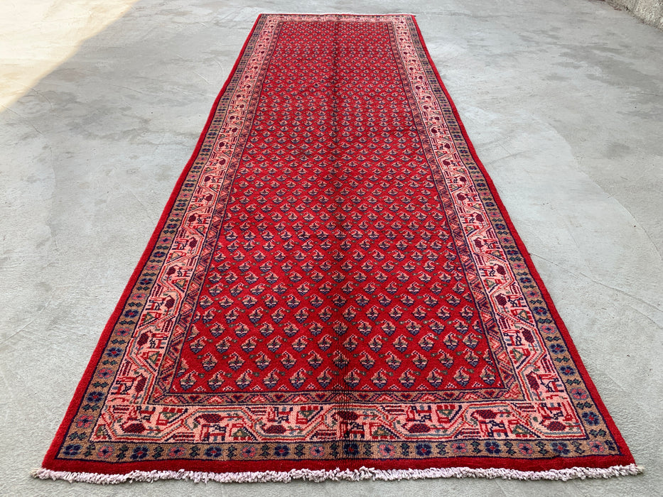 10'6 x 3'5 Hand-Knotted Persian Wool Runner - Red All-Over Geometric Floral Design - KBHM-893