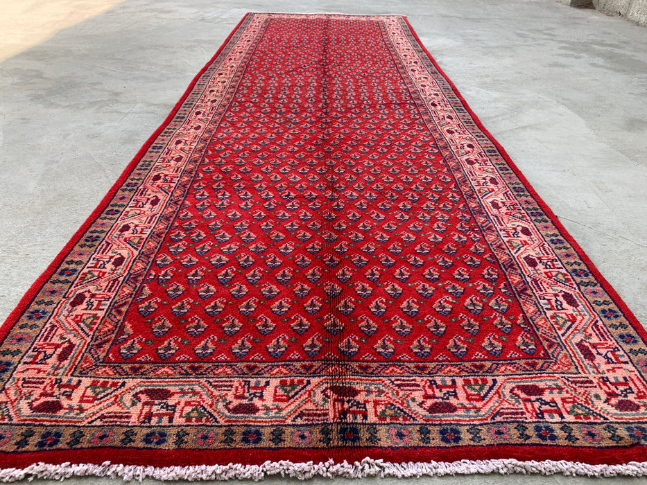 10'6 x 3'5 Hand-Knotted Persian Wool Runner - Red All-Over Geometric Floral Design - KBHM-893