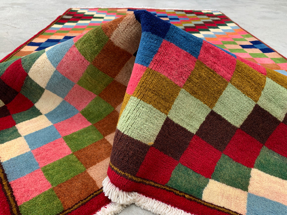 5'5 x 3'5 Hand-Knotted Persian Wool Rug - Multicolor Checkerboard Geometric Design - KBHM-894