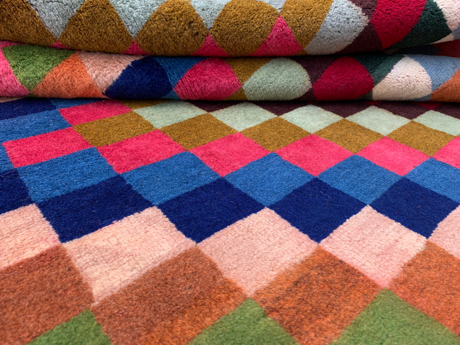 5'5 x 3'5 Hand-Knotted Persian Wool Rug - Multicolor Checkerboard Geometric Design - KBHM-894