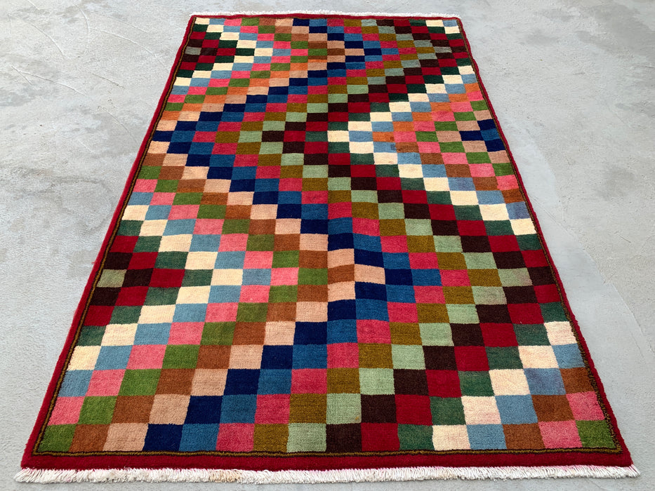 5'5 x 3'5 Hand-Knotted Persian Wool Rug - Multicolor Checkerboard Geometric Design - KBHM-894