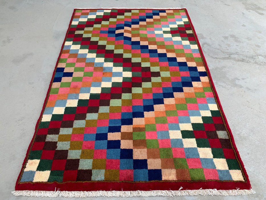 5'5 x 3'5 Hand-Knotted Persian Wool Rug - Multicolor Checkerboard Geometric Design - KBHM-894