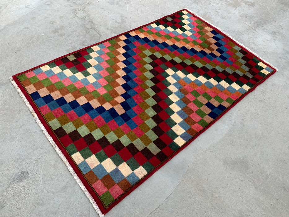 5'5 x 3'5 Hand-Knotted Persian Wool Rug - Multicolor Checkerboard Geometric Design - KBHM-894