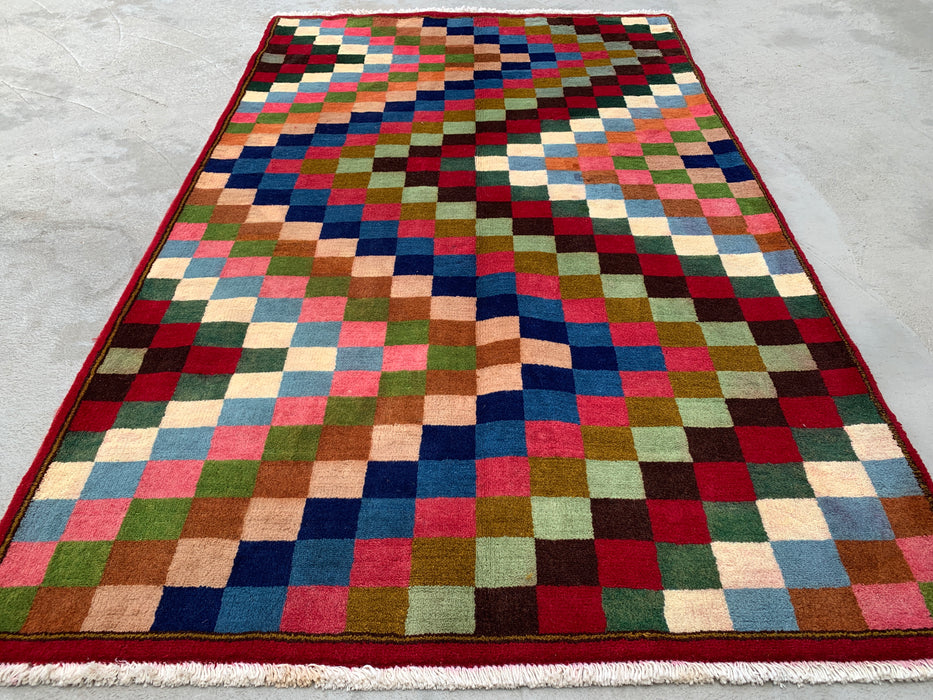 5'5 x 3'5 Hand-Knotted Persian Wool Rug - Multicolor Checkerboard Geometric Design - KBHM-894