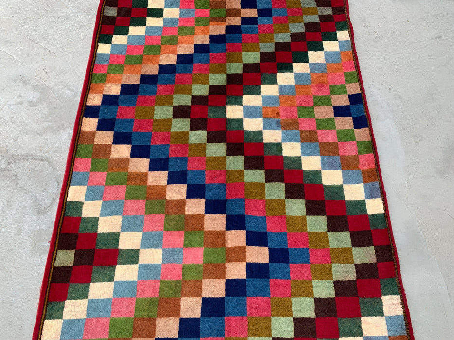 5'5 x 3'5 Hand-Knotted Persian Wool Rug - Multicolor Checkerboard Geometric Design - KBHM-894
