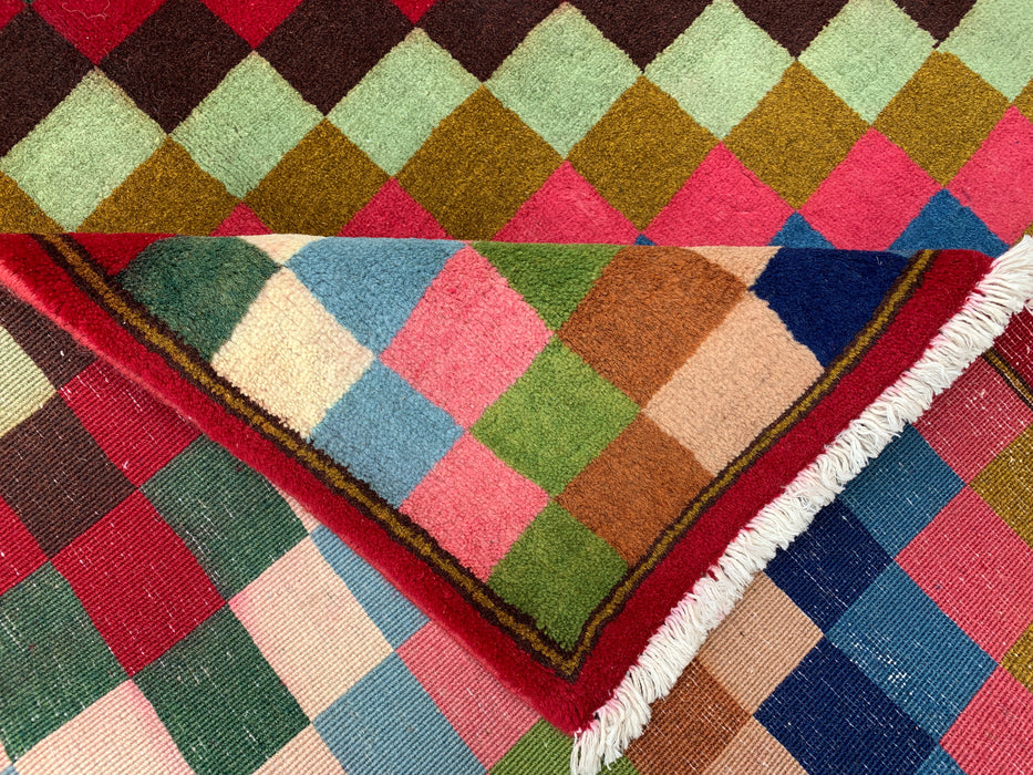 5'5 x 3'5 Hand-Knotted Persian Wool Rug - Multicolor Checkerboard Geometric Design - KBHM-894