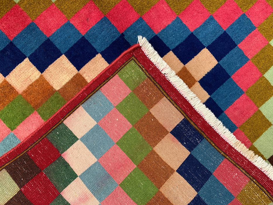 5'5 x 3'5 Hand-Knotted Persian Wool Rug - Multicolor Checkerboard Geometric Design - KBHM-894