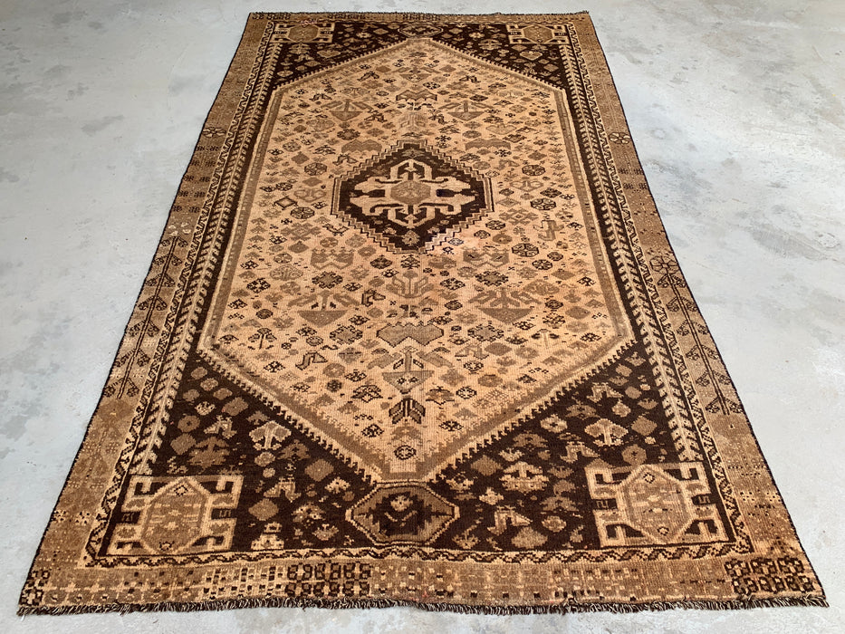 8'6 x 5'1 Hand-Knotted Persian Wool Rug - Beige Vintage Tribal Medallion Design - KBHM-895