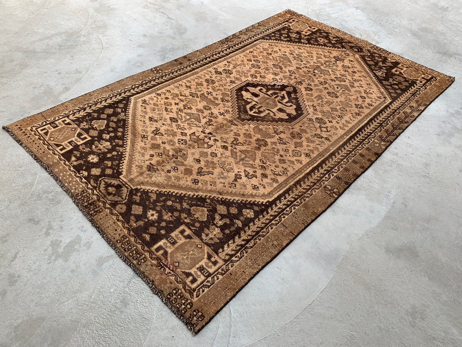 8'6 x 5'1 Hand-Knotted Persian Wool Rug - Beige Vintage Tribal Medallion Design - KBHM-895