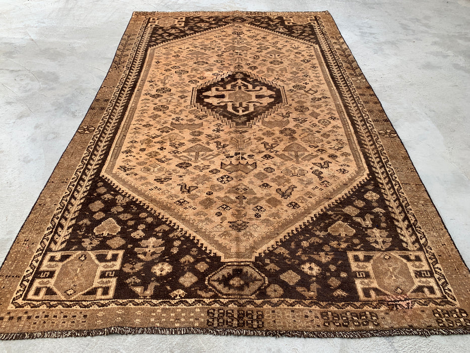 8'6 x 5'1 Hand-Knotted Persian Wool Rug - Beige Vintage Tribal Medallion Design - KBHM-895