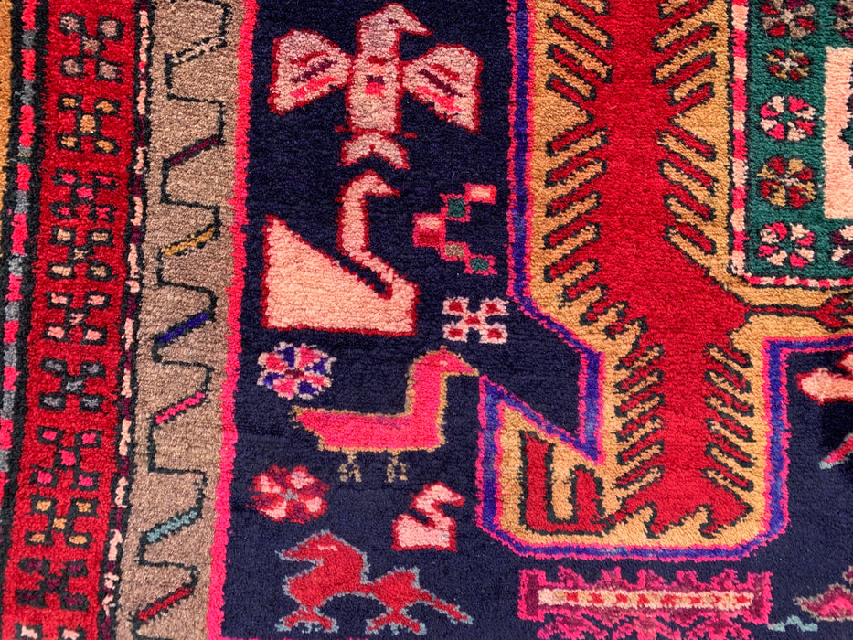 9'10 x 3'8 Hand-Knotted Persian Wool Runner - Navy Tribal Geometric Panel Design with Red Accents - KBHM-896