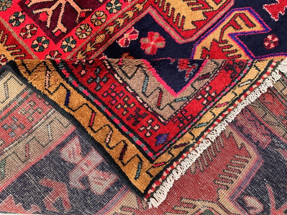 9'10 x 3'8 Hand-Knotted Persian Wool Runner - Navy Tribal Geometric Panel Design with Red Accents - KBHM-896