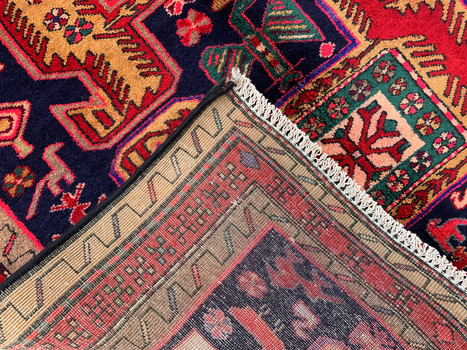 9'10 x 3'8 Hand-Knotted Persian Wool Runner - Navy Tribal Geometric Panel Design with Red Accents - KBHM-896
