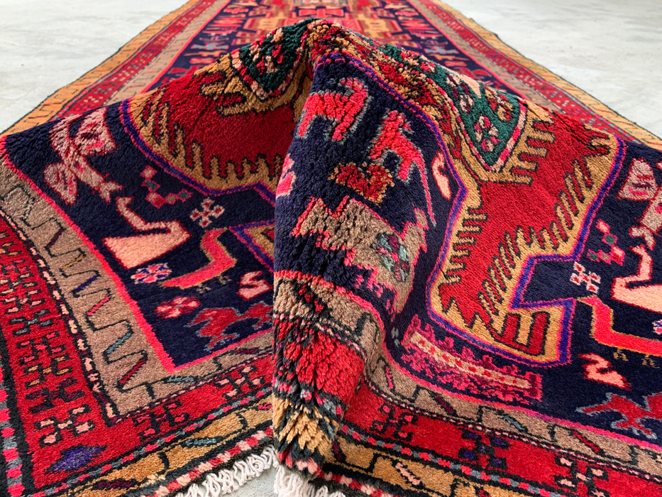 9'10 x 3'8 Hand-Knotted Persian Wool Runner - Navy Tribal Geometric Panel Design with Red Accents - KBHM-896