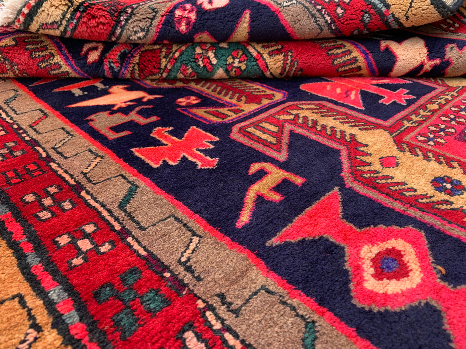 9'10 x 3'8 Hand-Knotted Persian Wool Runner - Navy Tribal Geometric Panel Design with Red Accents - KBHM-896