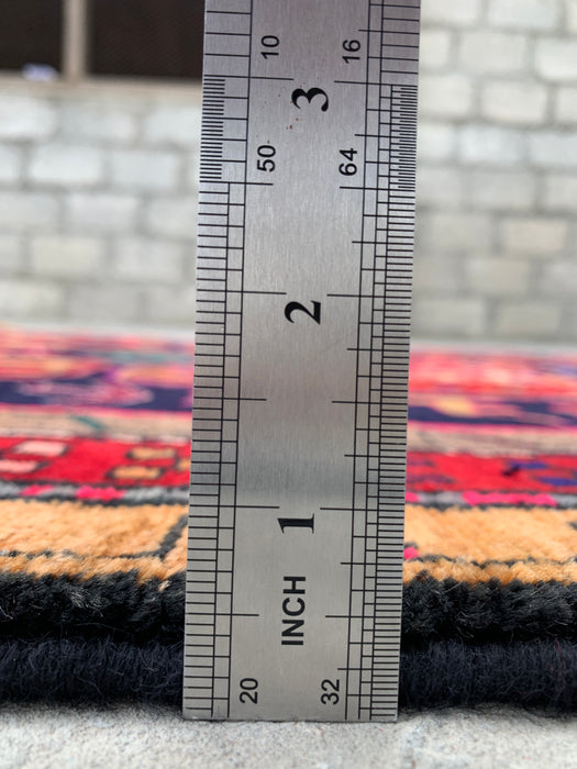 9'10 x 3'8 Hand-Knotted Persian Wool Runner - Navy Tribal Geometric Panel Design with Red Accents - KBHM-896