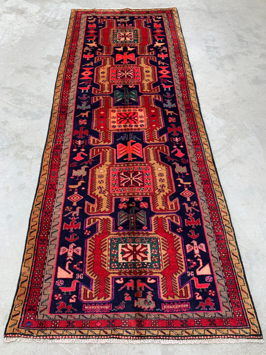 9'10 x 3'8 Hand-Knotted Persian Wool Runner - Navy Tribal Geometric Panel Design with Red Accents - KBHM-896