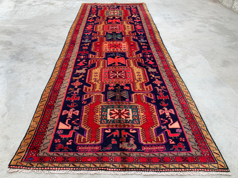 9'10 x 3'8 Hand-Knotted Persian Wool Runner - Navy Tribal Geometric Panel Design with Red Accents - KBHM-896