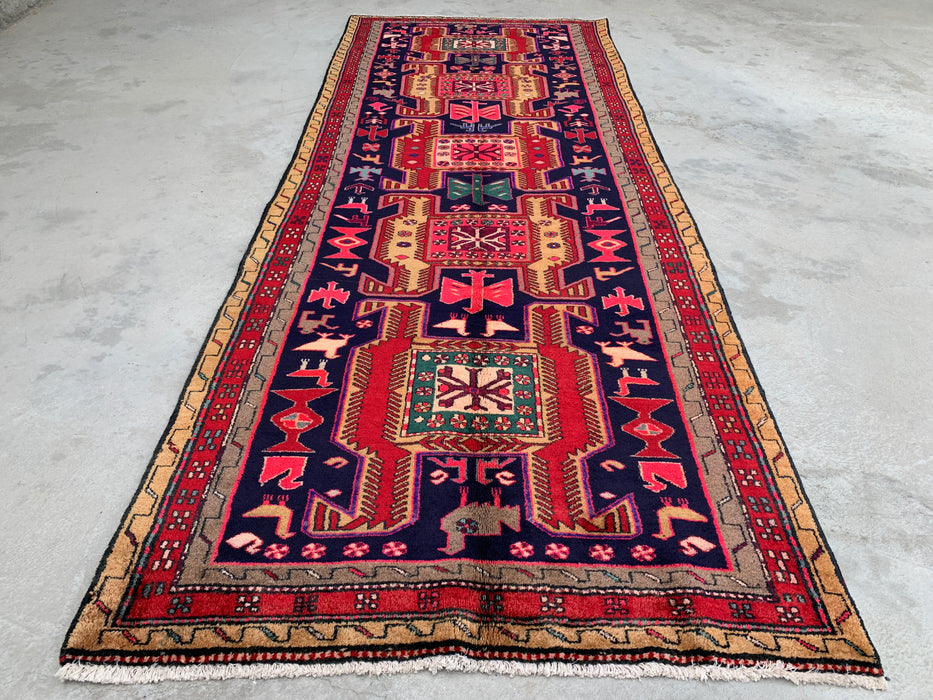 9'10 x 3'8 Hand-Knotted Persian Wool Runner - Navy Tribal Geometric Panel Design with Red Accents - KBHM-896