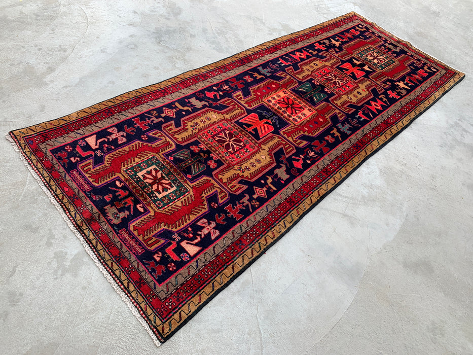 9'10 x 3'8 Hand-Knotted Persian Wool Runner - Navy Tribal Geometric Panel Design with Red Accents - KBHM-896