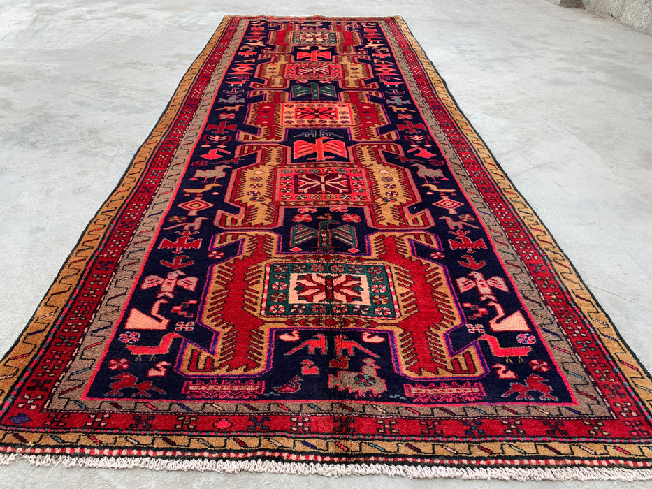 9'10 x 3'8 Hand-Knotted Persian Wool Runner - Navy Tribal Geometric Panel Design with Red Accents - KBHM-896