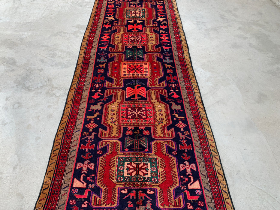 9'10 x 3'8 Hand-Knotted Persian Wool Runner - Navy Tribal Geometric Panel Design with Red Accents - KBHM-896
