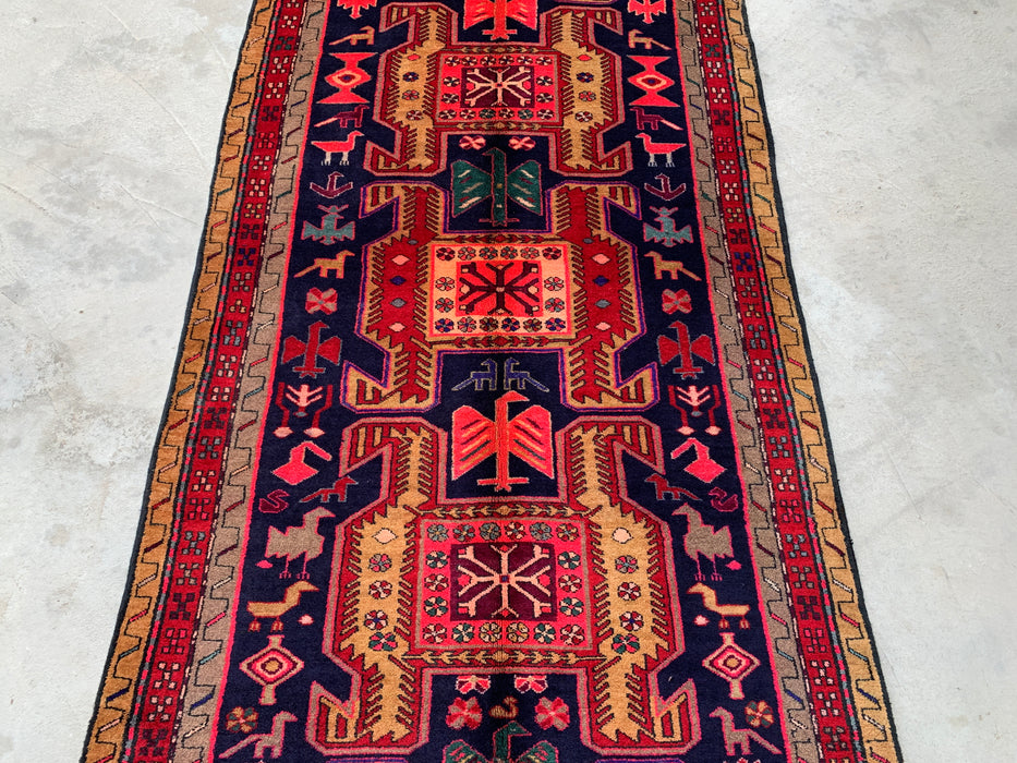 9'10 x 3'8 Hand-Knotted Persian Wool Runner - Navy Tribal Geometric Panel Design with Red Accents - KBHM-896