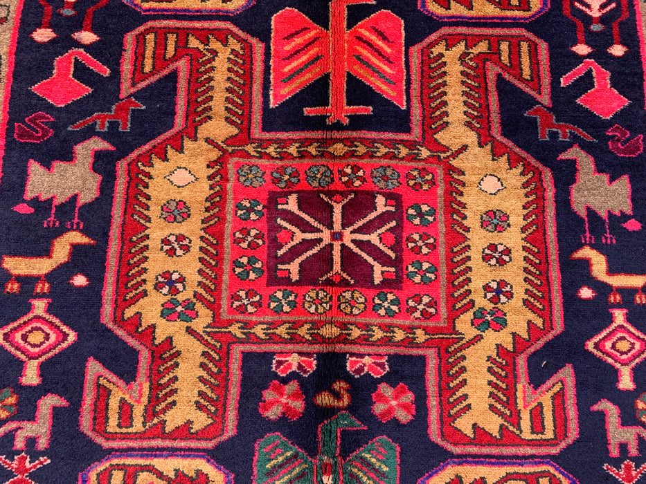 9'10 x 3'8 Hand-Knotted Persian Wool Runner - Navy Tribal Geometric Panel Design with Red Accents - KBHM-896