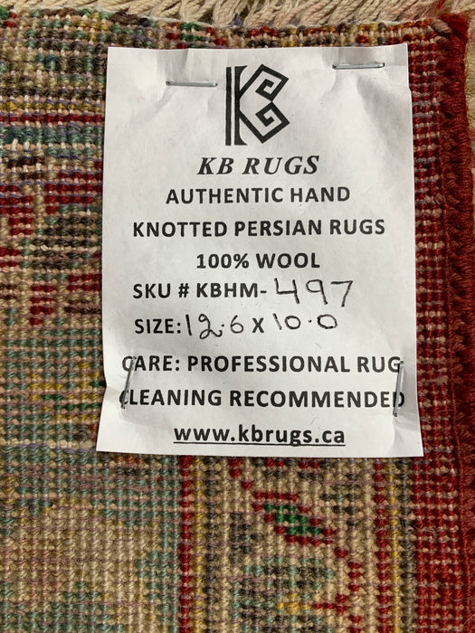 10’0” × 12’6” Hand-Knotted Persian Wool Rug – Terracotta Red with Sage & Ivory Accents