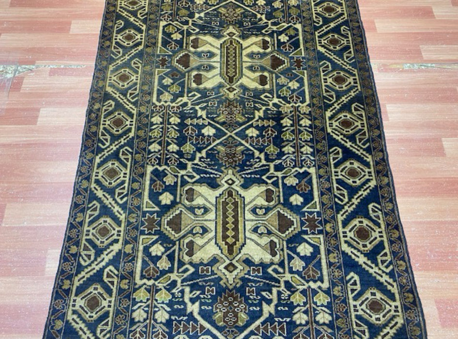 3’9” x 6’8” Hand-Knotted Tribal Wool Rug – Navy & Beige Geometric Pattern