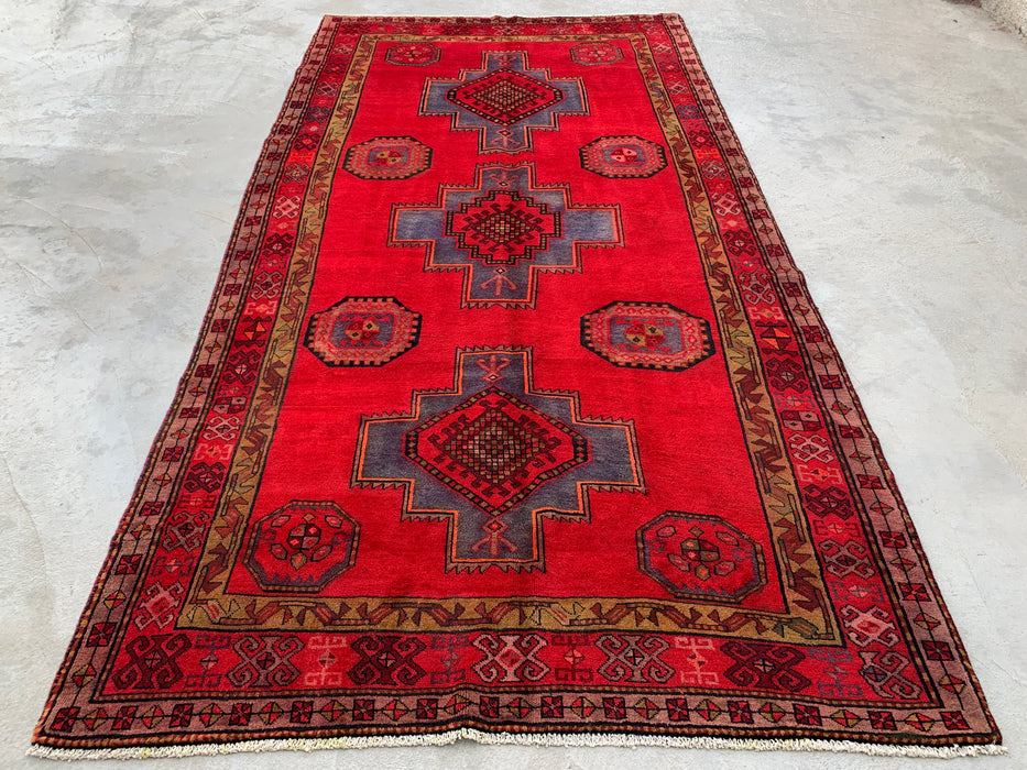 9'9 x 5'1 Hand-Knotted Persian Wool Rug - Red Geometric Medallion Tribal Design - KBHM-900