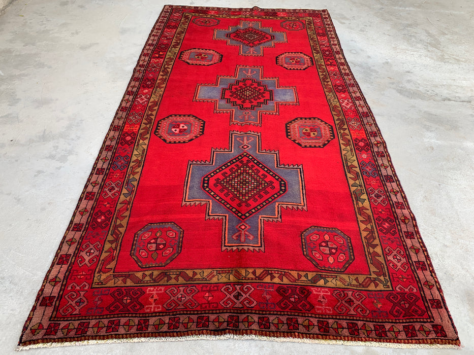 9'9 x 5'1 Hand-Knotted Persian Wool Rug - Red Geometric Medallion Tribal Design - KBHM-900
