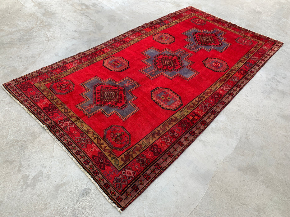 9'9 x 5'1 Hand-Knotted Persian Wool Rug - Red Geometric Medallion Tribal Design - KBHM-900