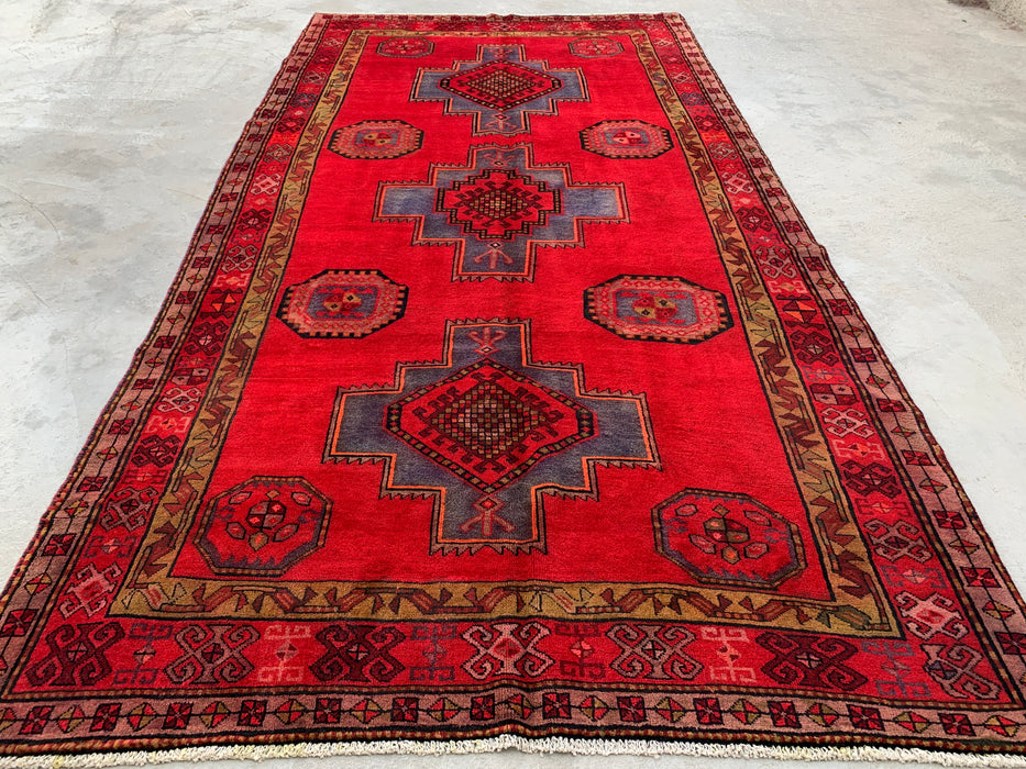 9'9 x 5'1 Hand-Knotted Persian Wool Rug - Red Geometric Medallion Tribal Design - KBHM-900