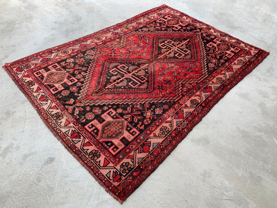 8'4 x 5'7 Hand-Knotted Persian Wool Rug - Red & Charcoal Geometric Tribal Medallion Design - KBHM-903