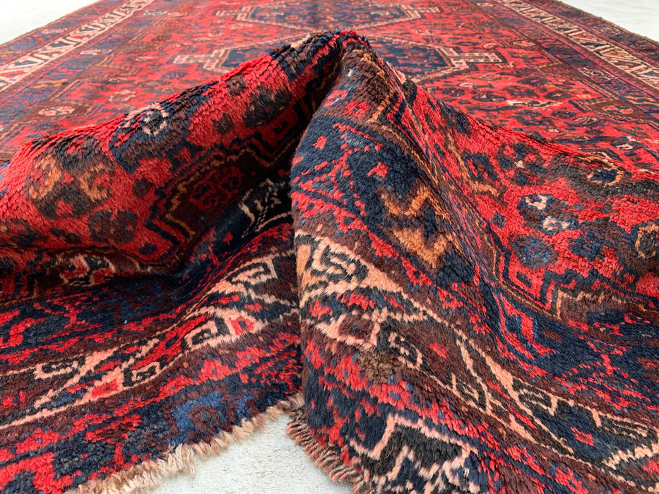 Handmade Persian Wool Area Rug 7x10 - Red Tribal Medallion Persian Style Rug with Navy Accents - Exact Size 9'7" x 6'5" - KBHM-905