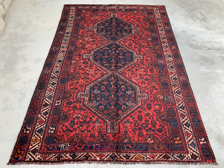 Handmade Persian Wool Area Rug 7x10 - Red Tribal Medallion Persian Style Rug with Navy Accents - Exact Size 9'7" x 6'5" - KBHM-905