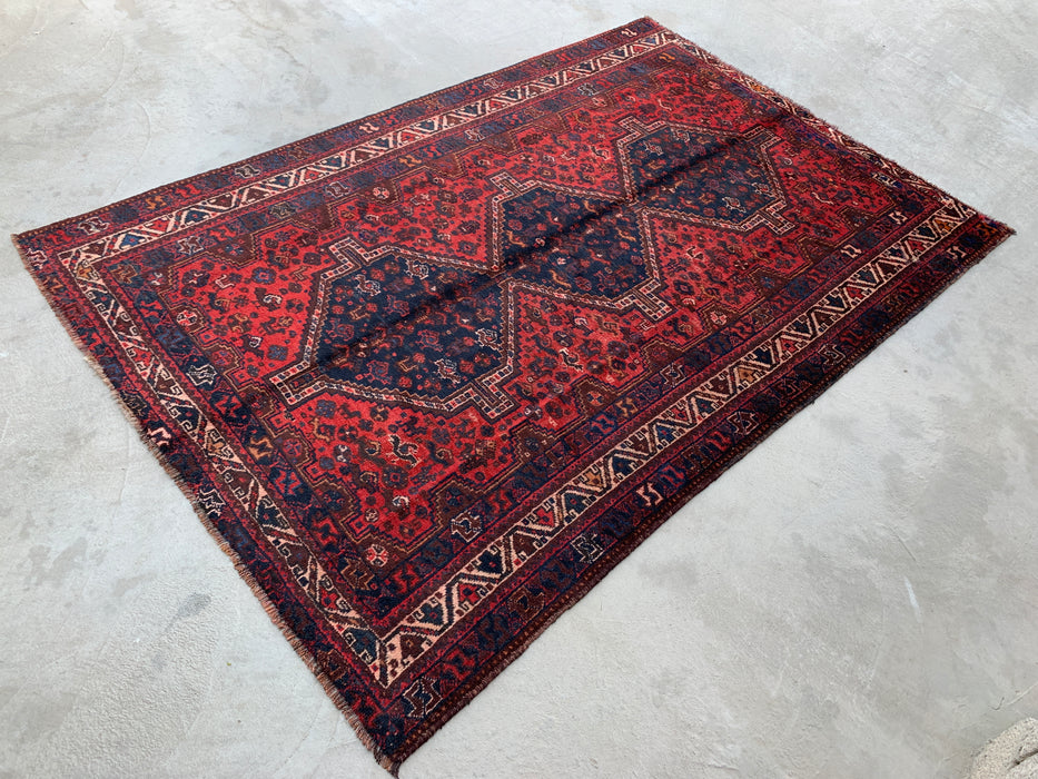 Handmade Persian Wool Area Rug 7x10 - Red Tribal Medallion Persian Style Rug with Navy Accents - Exact Size 9'7" x 6'5" - KBHM-905