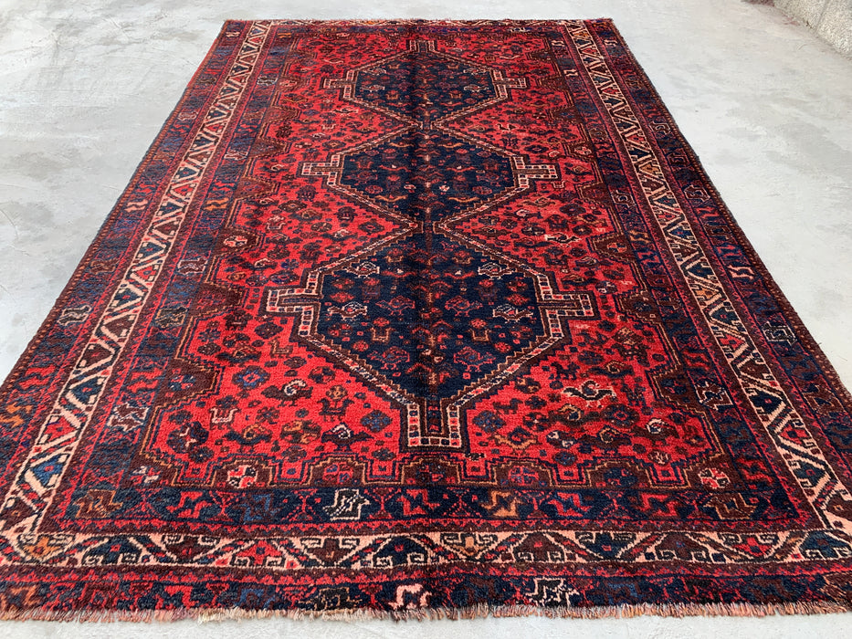 Handmade Persian Wool Area Rug 7x10 - Red Tribal Medallion Persian Style Rug with Navy Accents - Exact Size 9'7" x 6'5" - KBHM-905