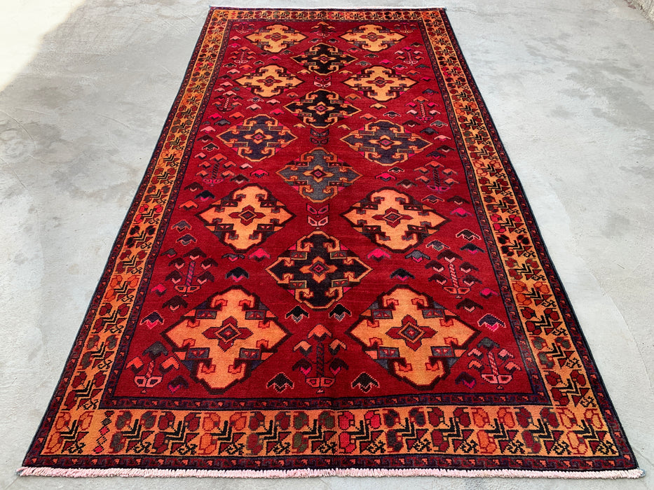 9'3 x 4'11 Hand-Knotted Persian Wool Rug - Red Geometric Tribal Diamond Design - KBHM-906