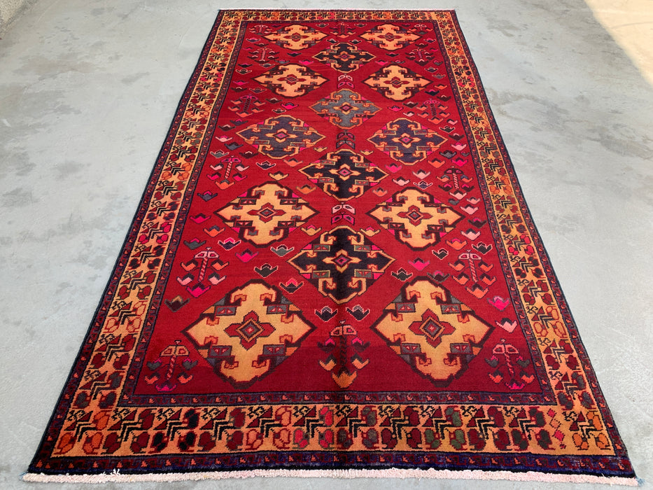 9'3 x 4'11 Hand-Knotted Persian Wool Rug - Red Geometric Tribal Diamond Design - KBHM-906