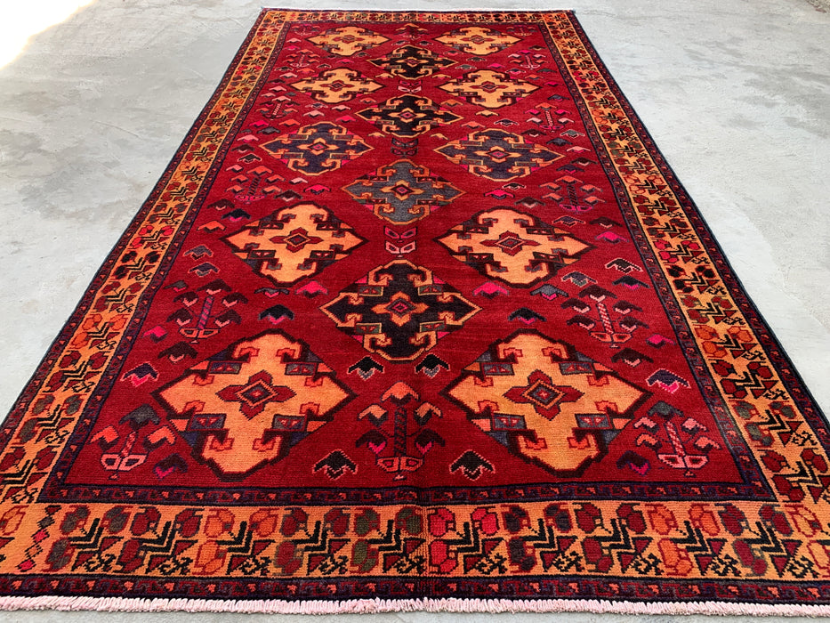 9'3 x 4'11 Hand-Knotted Persian Wool Rug - Red Geometric Tribal Diamond Design - KBHM-906