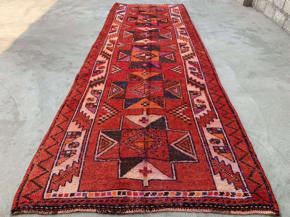 12'9 x 4'5 Hand-Knotted Persian Wool Runner - Rust Geometric Tribal Diamond Design - KBHM-907